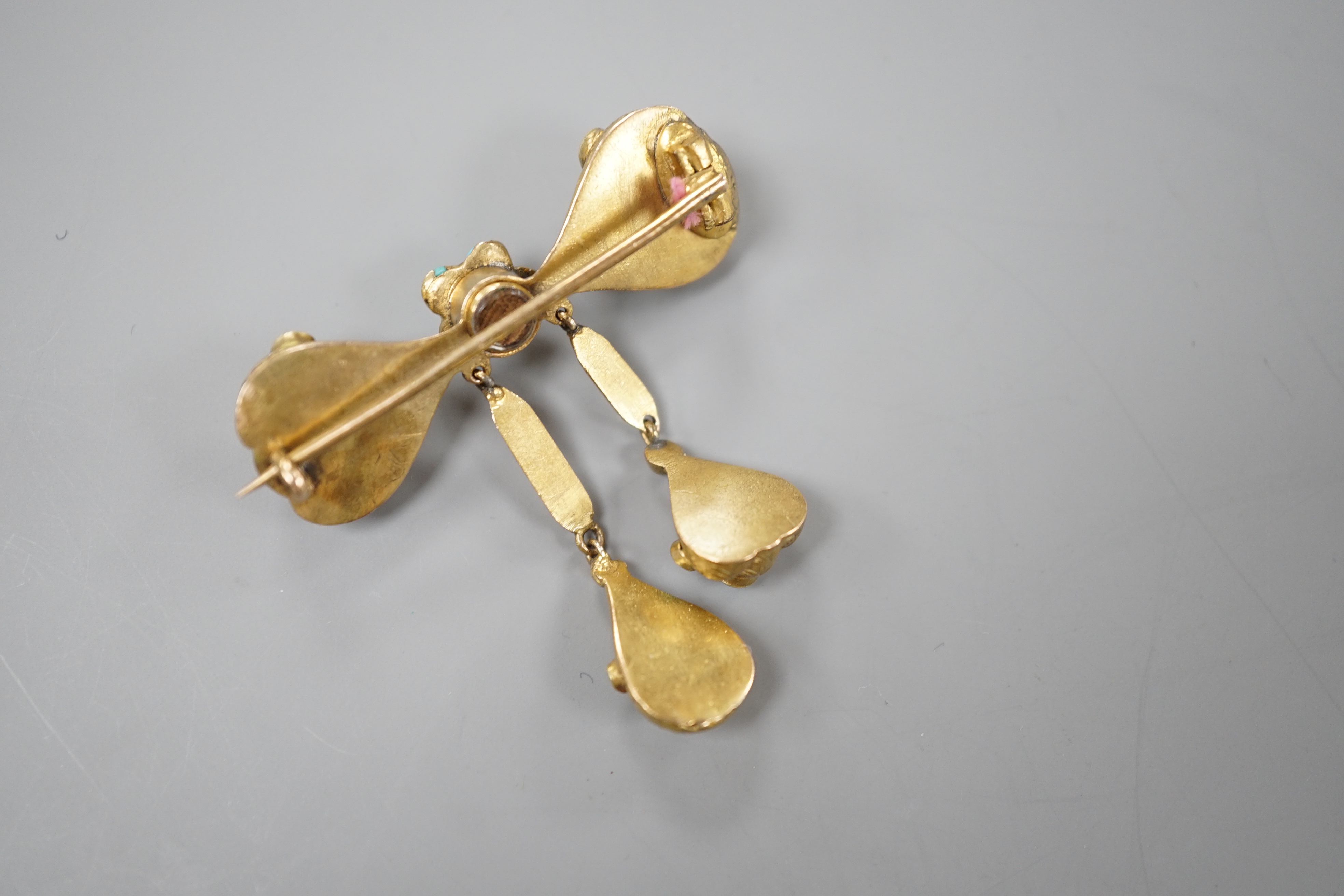 A Victorian yellow metal and turquoise cluster set double drop mourning brooch, drop 4cm, gross weight 7.5 grams.